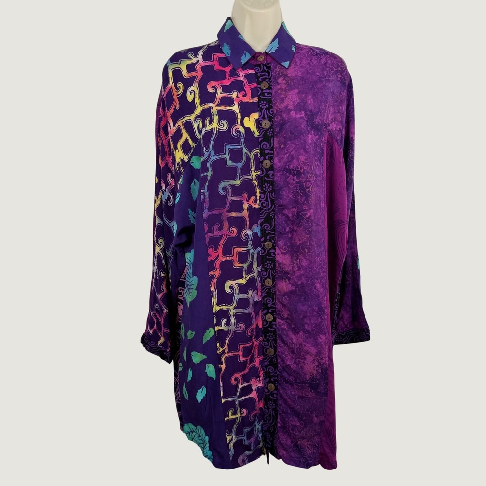 Wild Woman Wild Thing Chico CA Rayon Batik Mixed Print Button Up Shirt Dress S/M